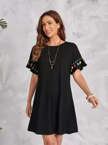 EMERY ROSE Tassel Trim Batwing Sleeve Dress - Black - View 1