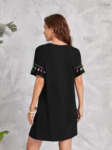 EMERY ROSE Tassel Trim Batwing Sleeve Dress - Black - View 2