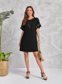 EMERY ROSE Tassel Trim Batwing Sleeve Dress - Black - View 3