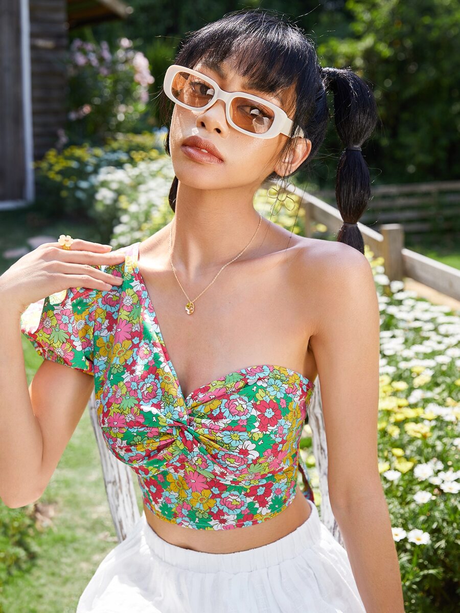Soleia 滿版印花扭結單肩後綁帶泡泡袖襯衫 - 彩色 - 查看 1