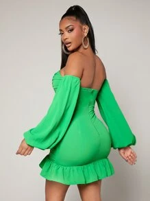 SHEIN SXY 一字肩燈籠袖褶邊荷葉邊緊身洋裝 - 綠色 - 查看 3