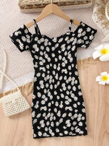 SHEIN 小女童滿版印花挖肩連衣裙 - 黑色 - 查看 1