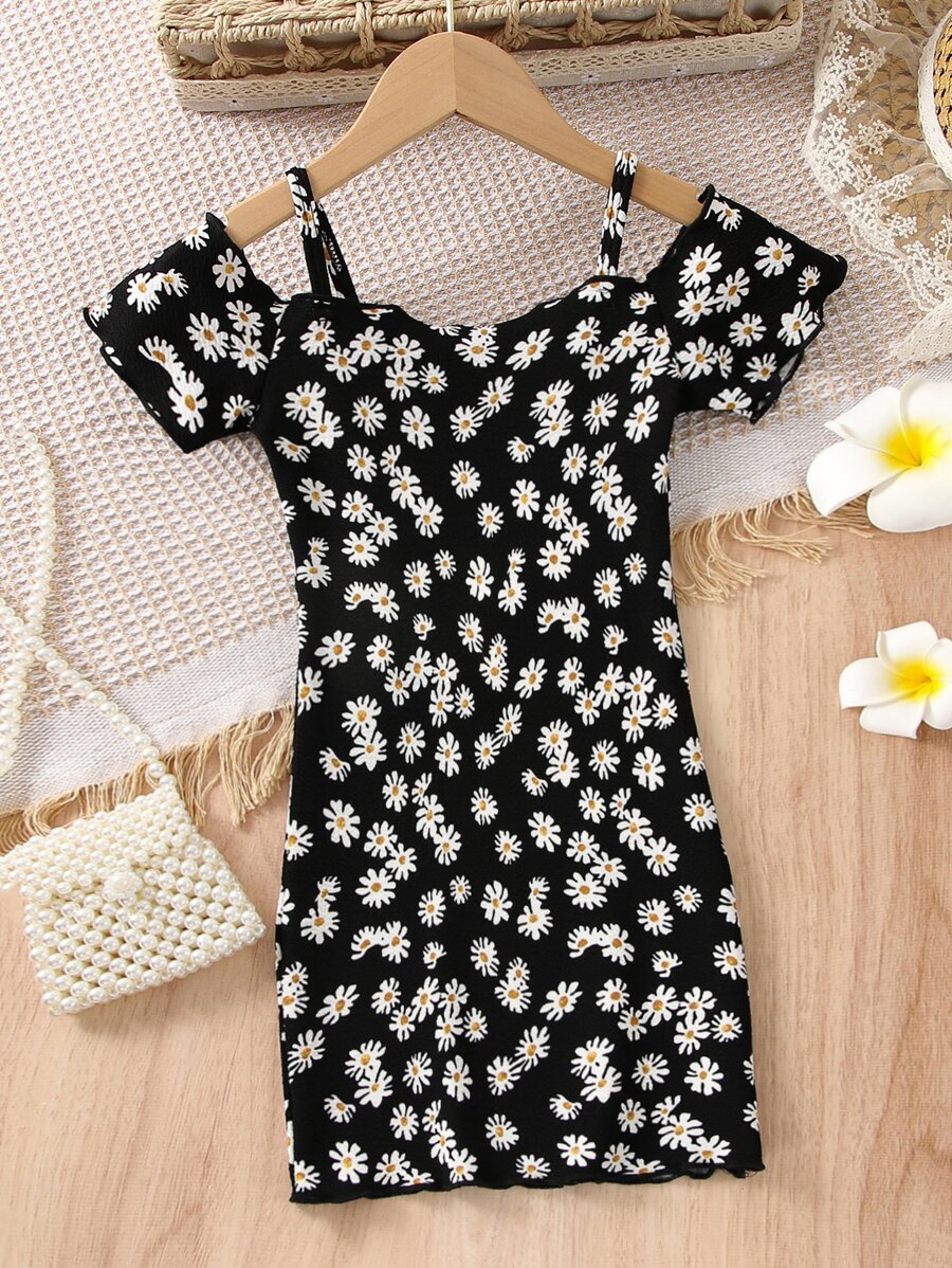 SHEIN 小女童滿版印花挖肩連衣裙 - 黑色 - 查看 1