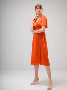 MOTF PREMIUM SILK TWIST FLUTTER SLEEVE DRESS - Orange - View 5