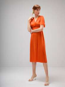MOTF PREMIUM SILK TWIST FLUTTER SLEEVE DRESS - Orange - View 6