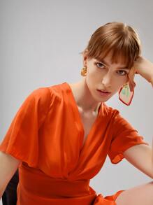 MOTF PREMIUM SILK TWIST FLUTTER SLEEVE DRESS - Orange - View 10