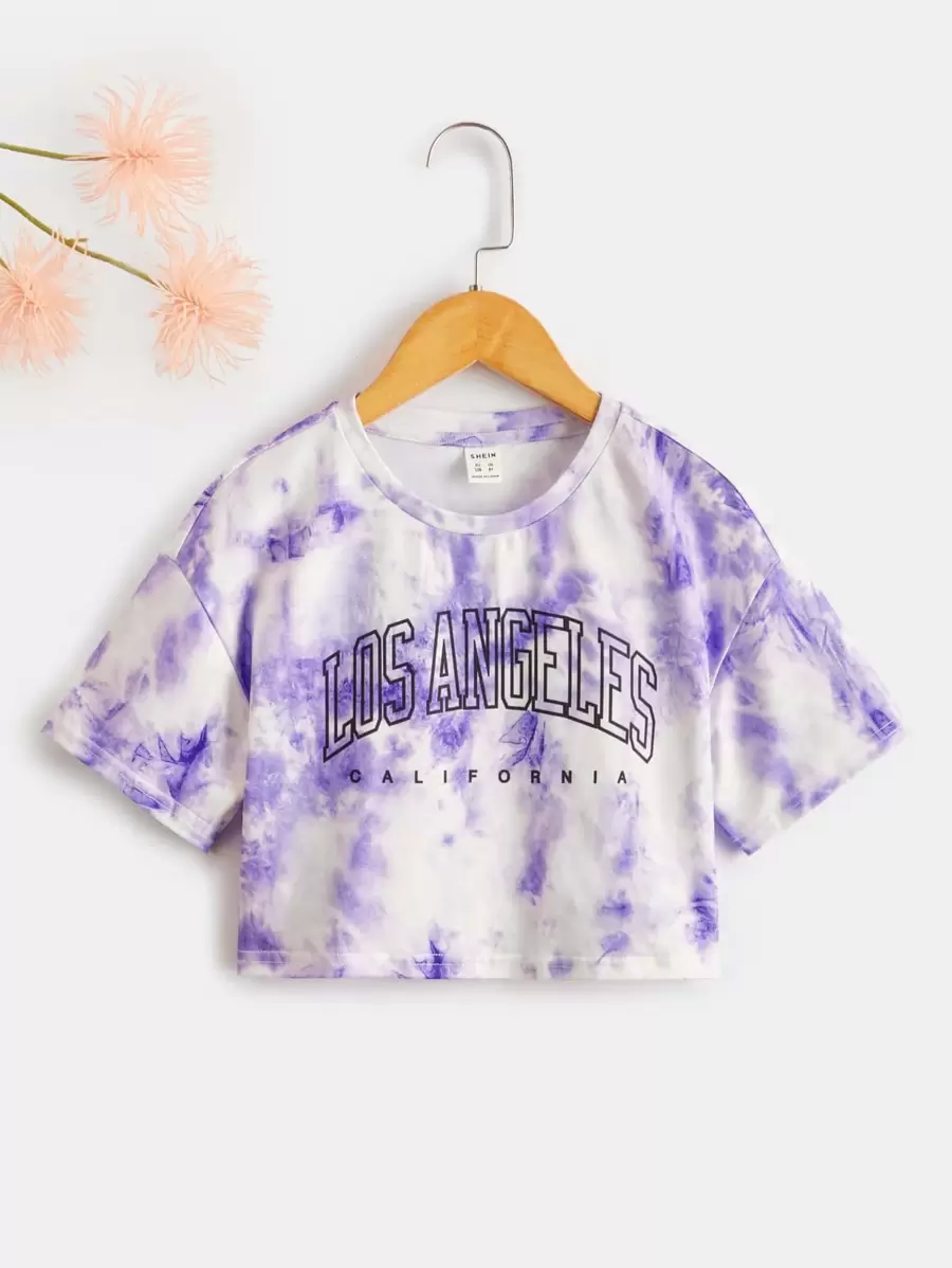 SHEIN Áo thun hở vai họa tiết tie dye đơn giản dành cho bé gái tuổi mới lớn - Nhiều màu - Xem 1