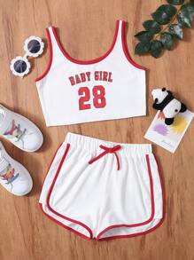 SHEIN Girls Letter Graphic Contrast Binding Tank Top & Knot Front Track Shorts - White - View 1