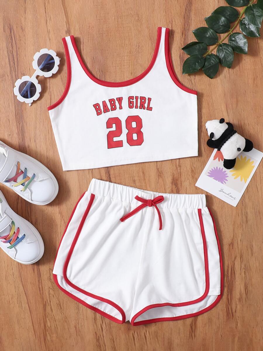 SHEIN Girls Letter Graphic Contrast Binding Tank Top & Knot Front Track Shorts - White - View 1
