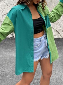 SHEIN EZwear 撞色補丁貼口袋前紐扣襯衫 - 彩色 - 查看 1