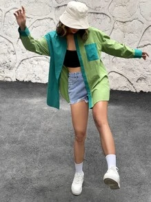 SHEIN EZwear 撞色補丁貼口袋前紐扣襯衫 - 彩色 - 查看 3