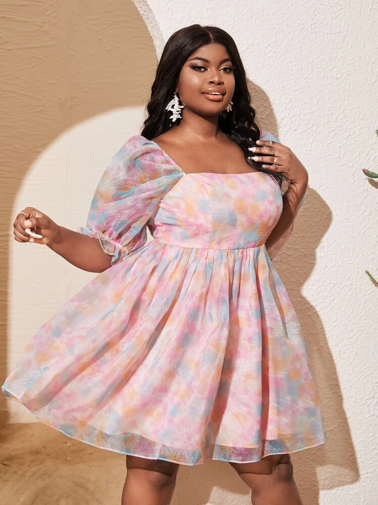 Slaydiva Plus Tie Dye Puff Sleeve Organza Smock Dress | SHEIN USA