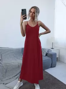 Chiquease Slant Pocket Solid Cami Dress - Burgundy - View 7