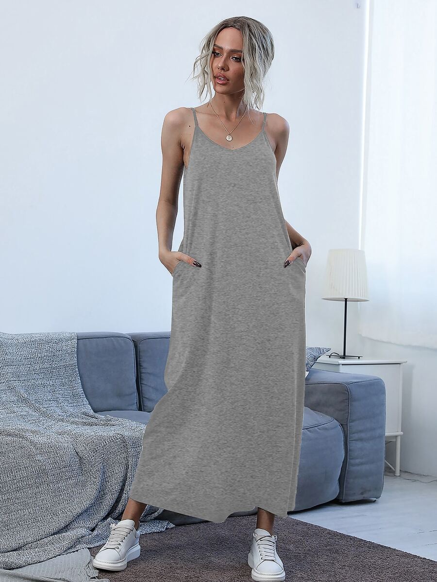 SHEIN Unity Vestido de tirantes con bolsillo oblicuo unicolor - Gris - Ver 1
