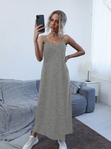SHEIN Unity Vestido de tirantes con bolsillo oblicuo unicolor - Gris - Ver 4