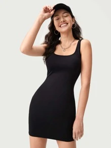 SHEIN BASICS Chất rắn Xe tăng Kẻ sọc Quần bó Giải trí Bữa tối Ngày đêm Đầm - màu đen - Xem 1