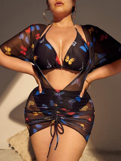 Ensemble de tankini à imprimé papillon ras-du-cou triangulaire soutien-gorge & Bas taille haute de bikini & cache-maillot Robe 3 pièces Maillot de bain