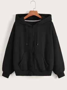 SHEIN EZwear Japanese Letter Graphic Zip Up Thermal Lined Drawstring Hoodie