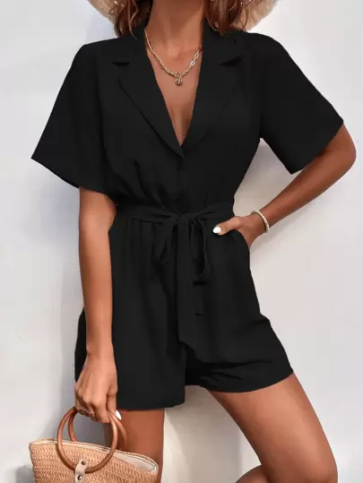 EMERY ROSE Lapel Collar Belted Shirt Romper