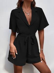 EMERY ROSE Lapel Collar Belted Shirt Romper