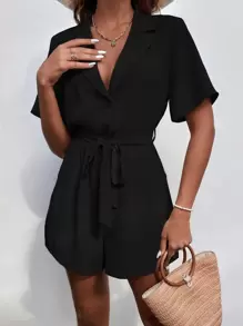 EMERY ROSE Lapel Collar Belted Shirt Romper