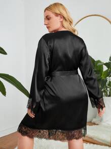 Bata con cinturón de satén ribete con encaje en contraste - Negro - Ver 2