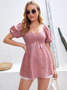 SHEIN Maternity Puff Sleeve Ruched Tie Back Peplum Blouse - Dusty Pink - View 2