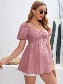 SHEIN Maternity Puff Sleeve Ruched Tie Back Peplum Blouse - Dusty Pink - View 5