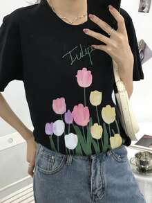 Tulips Pattern Drop Shoulder Tee - Black - View 4