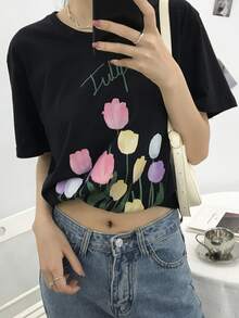 Tulips Pattern Drop Shoulder Tee - Black - View 5