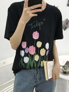 Tulips Pattern Drop Shoulder Tee - Black - View 7