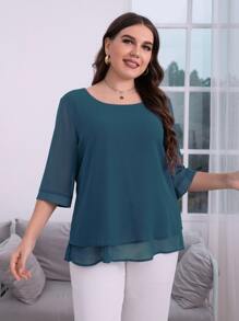 Mulvari Áo sơ mi Plus Size phân lớp màu trơn Giải trí - Màu xanh ngọc - Xem 1