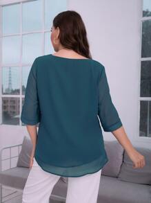 Mulvari Áo sơ mi Plus Size phân lớp màu trơn Giải trí - Màu xanh ngọc - Xem 2