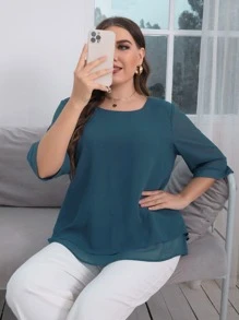 Mulvari Áo sơ mi Plus Size phân lớp màu trơn Giải trí - Màu xanh ngọc - Xem 3