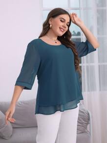 Mulvari Áo sơ mi Plus Size phân lớp màu trơn Giải trí - Màu xanh ngọc - Xem 4