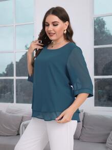 Mulvari Áo sơ mi Plus Size phân lớp màu trơn Giải trí - Màu xanh ngọc - Xem 6