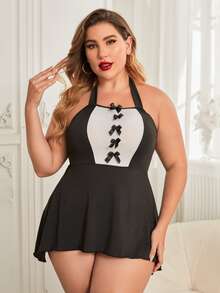 Plus Two Tone Bow Front Halter Maid Costume Dress - Black and White - View 3