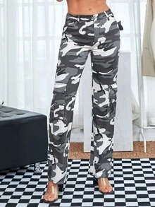 SHEIN Tall 迷彩印花側翻蓋口袋工裝牛仔褲 - 彩色 - 查看 3