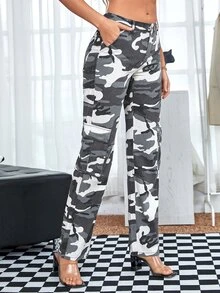 SHEIN Tall 迷彩印花側翻蓋口袋工裝牛仔褲 - 彩色 - 查看 4