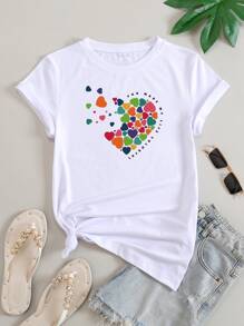 SHEIN LUNE 心和標語印花T恤 - 白色 - 查看 1