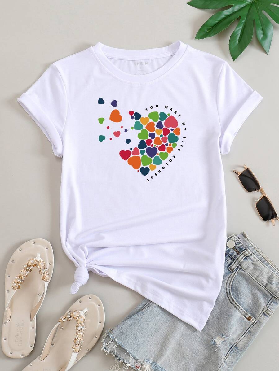 SHEIN LUNE 心和標語印花T恤 - 白色 - 查看 1
