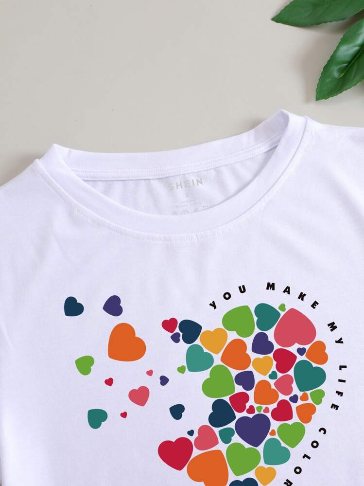 SHEIN LUNE Áo thun nữ Tim Slogan Giải trí - trắng - Xem 4