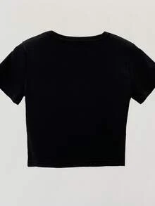 Letter & Heart Pattern Crop Tee - Black - View 2