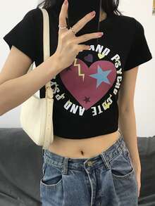 Letter & Heart Pattern Crop Tee - Black - View 4