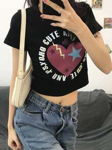 Letter & Heart Pattern Crop Tee - Black - View 7