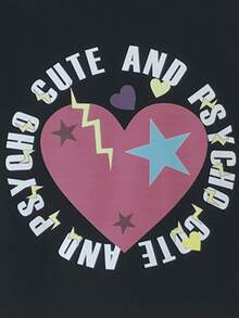 Letter & Heart Pattern Crop Tee - Black - View 5