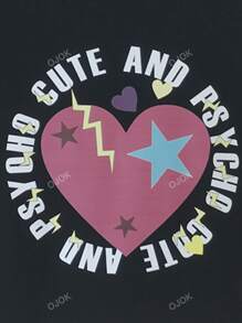 Letter & Heart Pattern Crop Tee