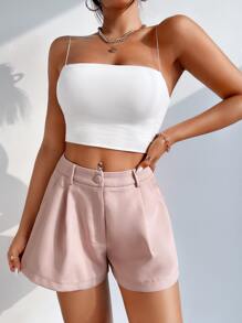SHEIN PETITE Solid Slant Pocket Wide Leg Shorts - Baby Pink - View 3