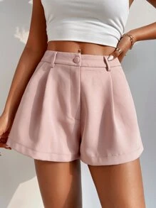 SHEIN PETITE Solid Slant Pocket Wide Leg Shorts - Baby Pink - View 4
