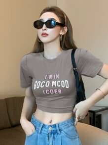 Crop T-Shirt mit Buchstabe Muster - Grau - Übersicht 1